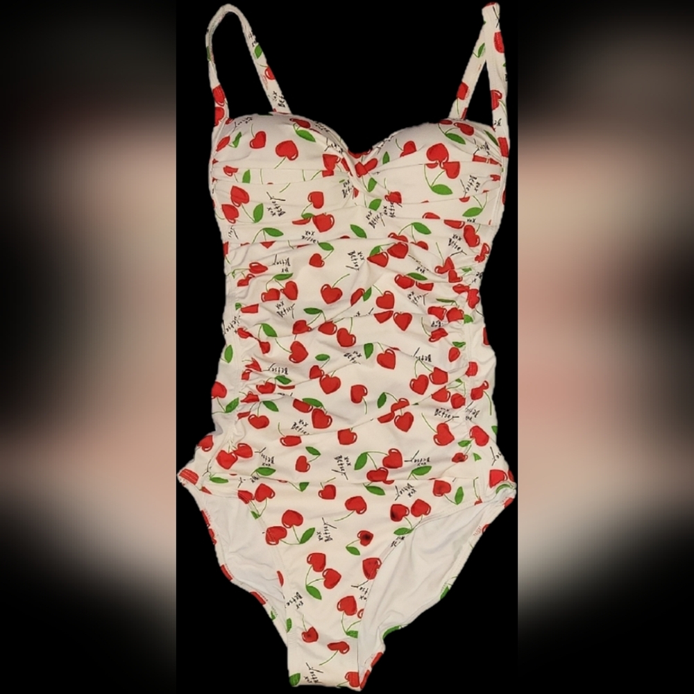 Betsey Johnson White and Red Cherry Print One Piece Swimsuit Small Size Push Up - Picture 3 of 14